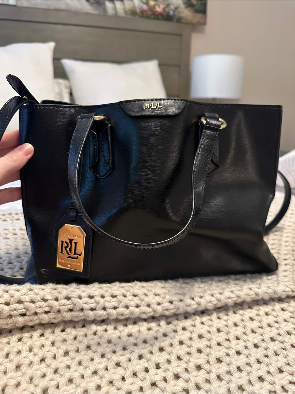Ralph Lauren Double RL Black Leather Tote with Gold Hardware